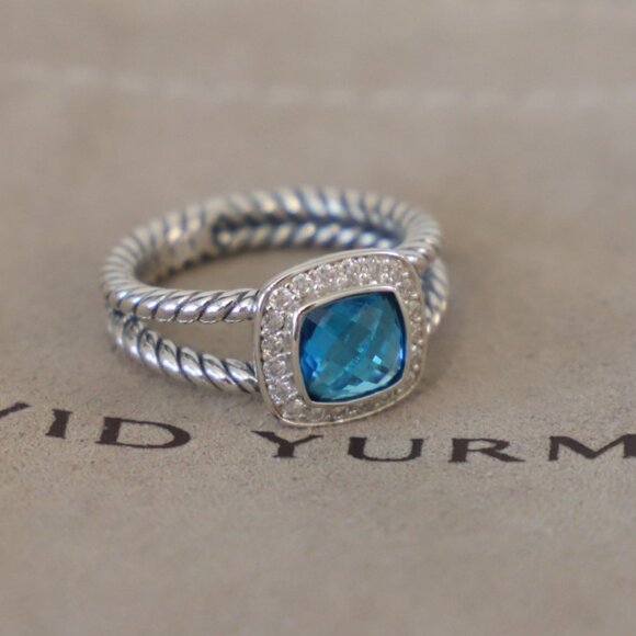 David Yurman Sterling Silver 7mm Albion Ring Blue Topaz with Diamonds size 7.5 - Picture 4 of 7